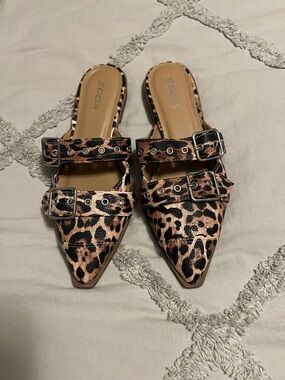Soda Leopard-Print Pointed Buckle Mules - Brown/Black